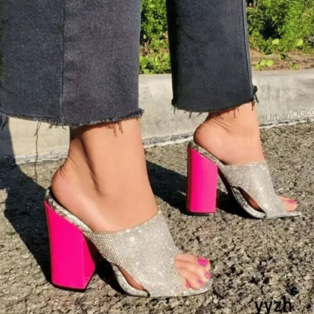 So Me Silver Crystal Slide Heels with Hot Pink Block Heel